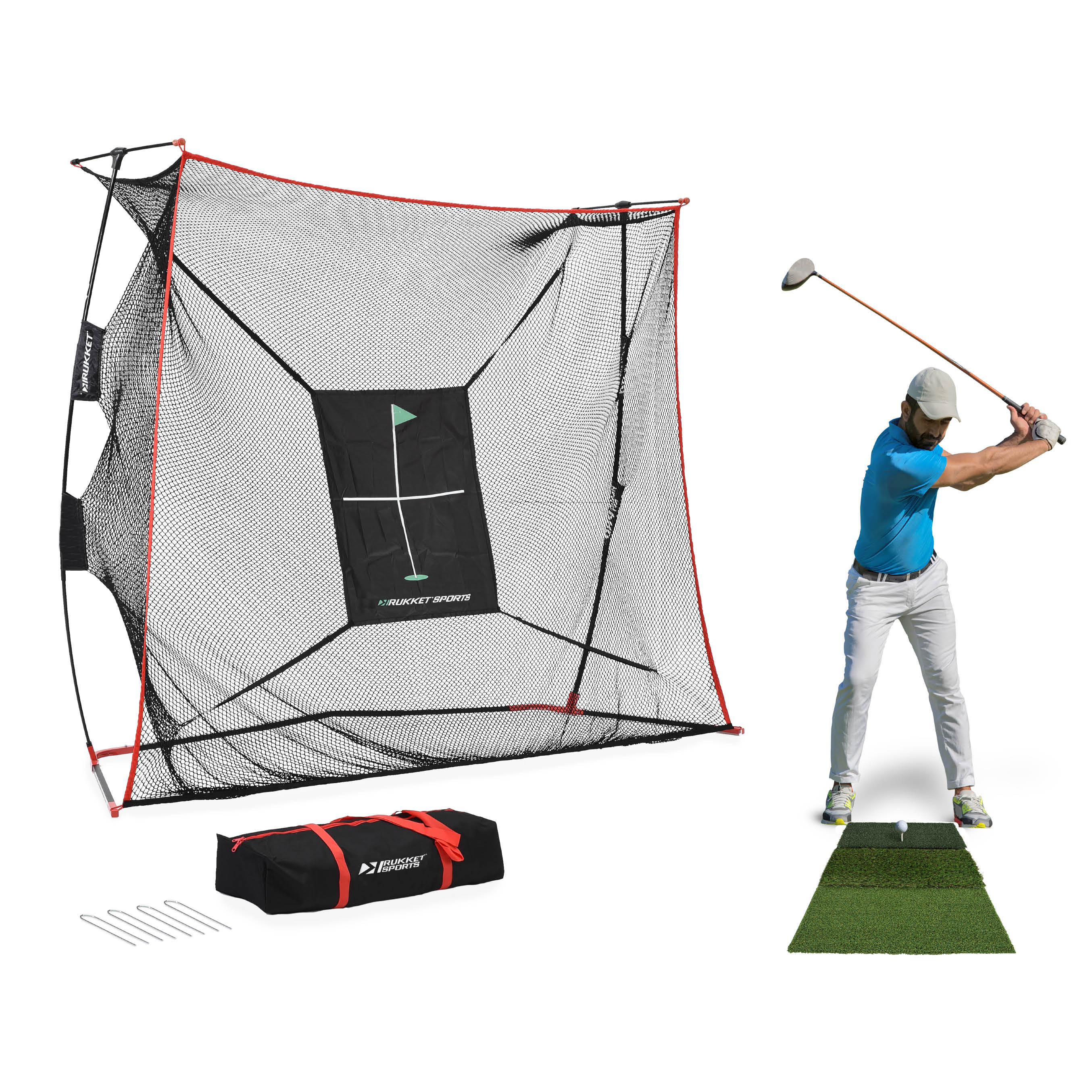 Rukket Sports 3 ft. x 9 ft. x 7 ft. Haack Golf Training Net Pro Set with Tri Turf Mat