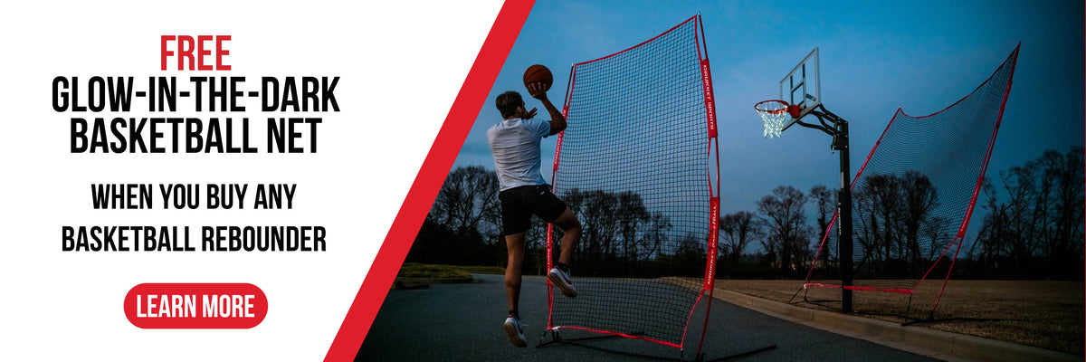 Free glow in the dark basketball net when you purchase a basketball return net or rebounder
